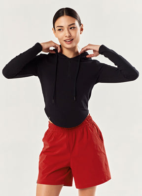 連帽半拉鍊圓弧下襬長袖上衣｜黑色 Black 블랙｜XTFHD01J1