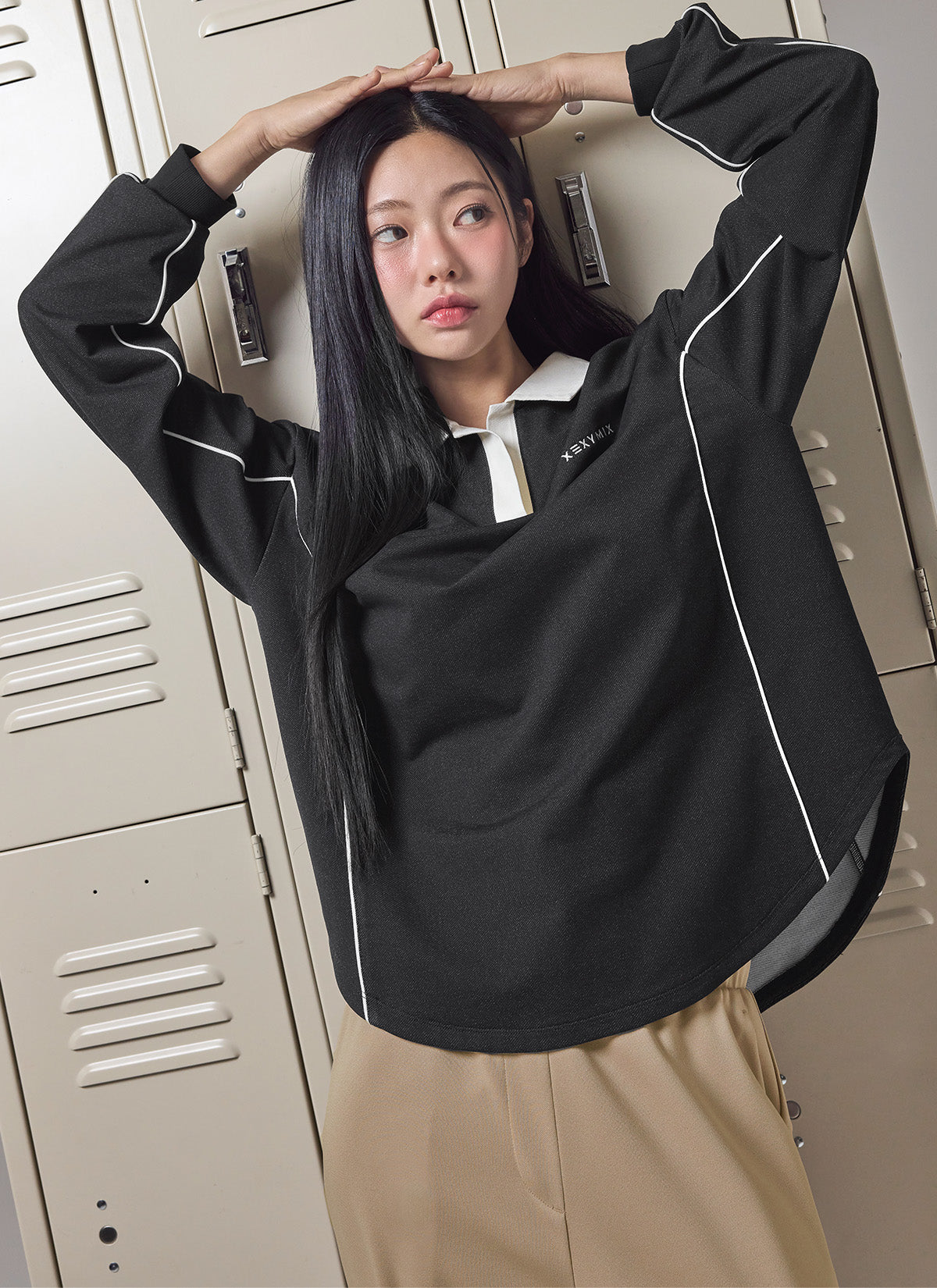 拼色領口滾邊寬鬆長袖上衣｜共4色｜XFK3QL1102