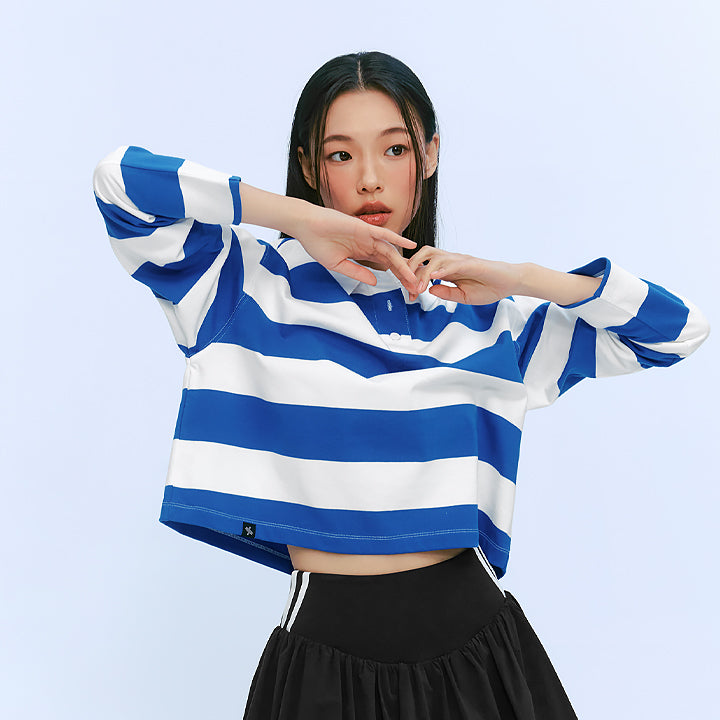 條紋寬鬆短版立領長袖上衣｜共3色｜XFK1QL1103