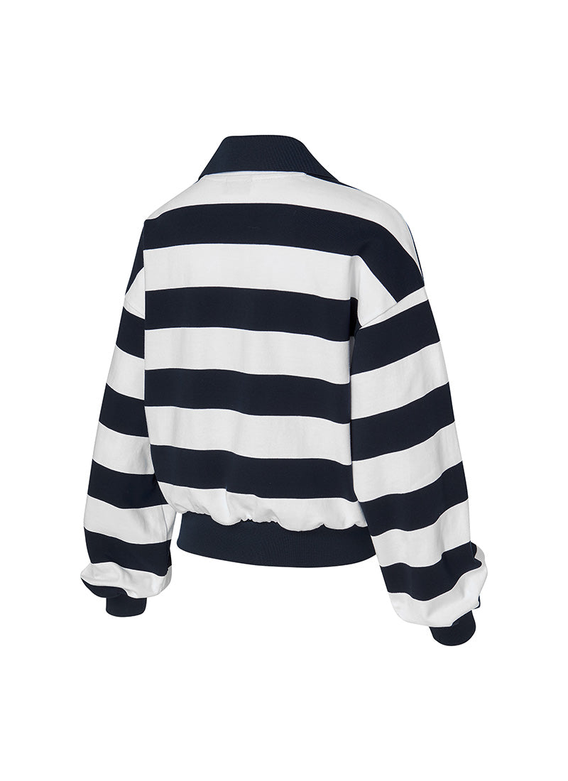 荷葉V領寬條紋長袖上衣 | 海軍藍 Navy 네이비 | XFK1QL1202