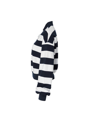 荷葉V領寬條紋長袖上衣 | 海軍藍 Navy 네이비 | XFK1QL1202