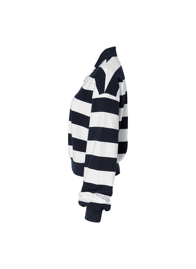 荷葉V領寬條紋長袖上衣 | 海軍藍 Navy 네이비 | XFK1QL1202